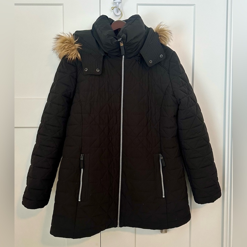 Marc New York Black Stretch Quilted Puffer with Faux Fur L